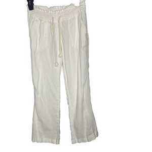 Roxy Oceanside Flared Pants Cream Linen Blend Drawstring Beach Coverup XS